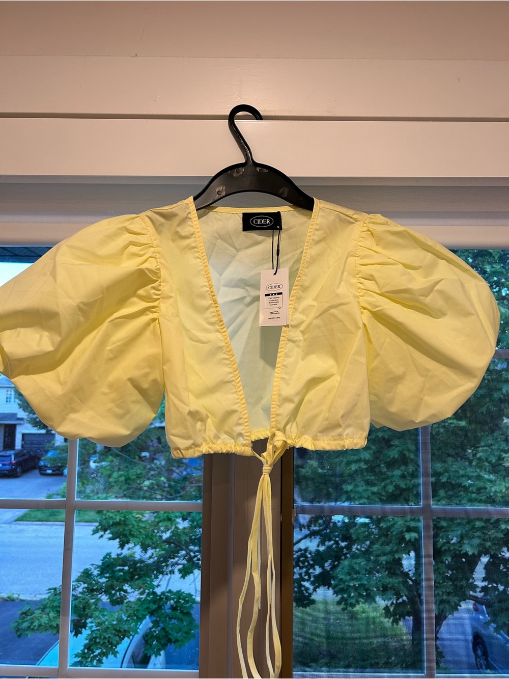 Cider Pale Yellow Puff-Sleeve Tie-Front Crop Top